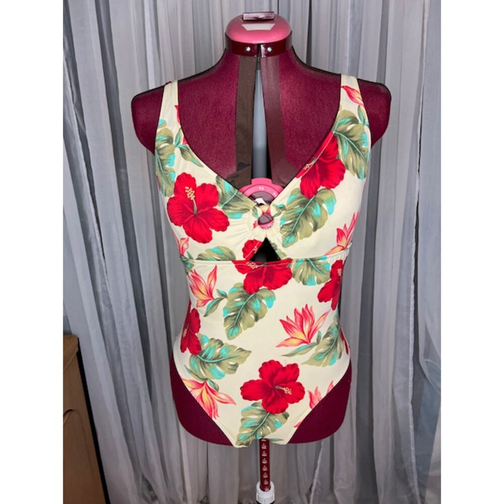 swimsuit one piece floral Vintage red hibiscus cutouts